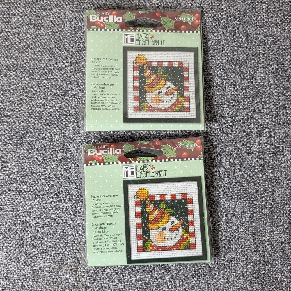 Cross Stitch Mary Engelbreit‎ Christmas Happy Snowman Mini Frame Kit Bucilla X2